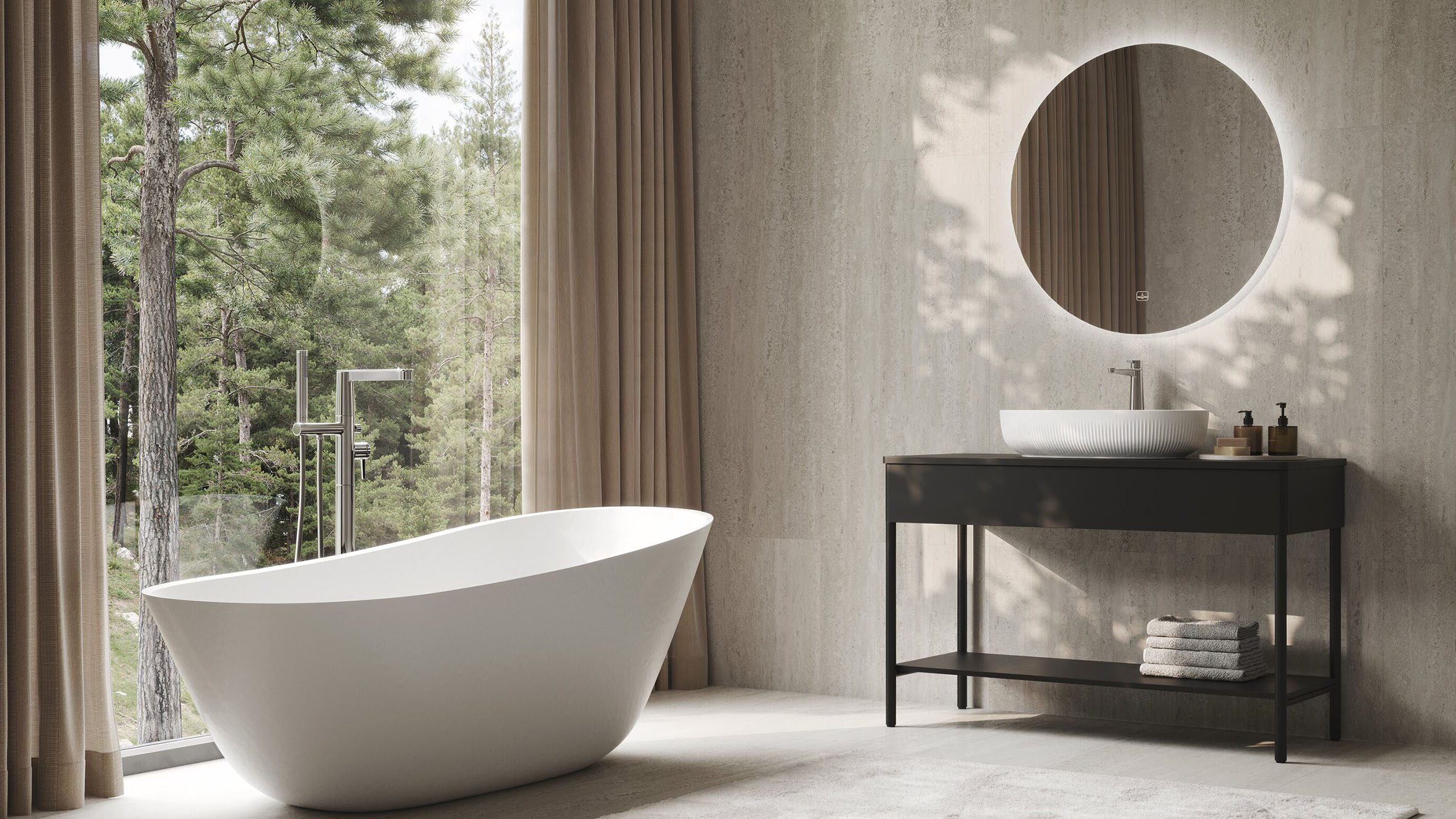 Christian Haas gives the Artis basin a pleated ceramic relief and lifts the vanity onto an open frame
