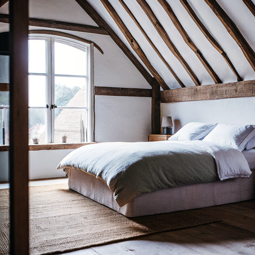 Barn bedroom with exposed oak beams and linen bedding