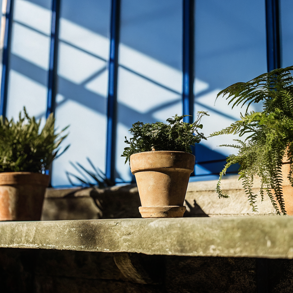 Terracotta pots of ferns on a stone ledge in green-framed glazing