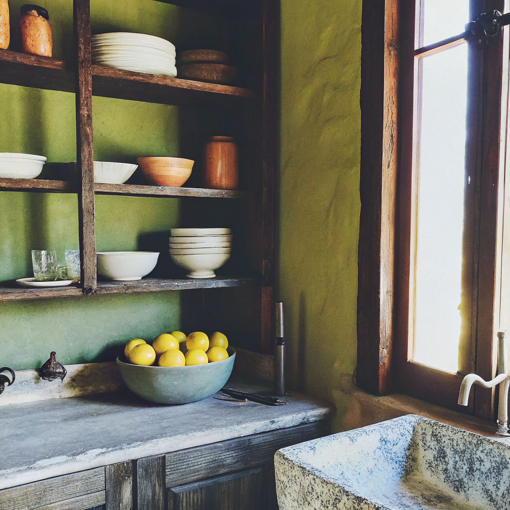 Pantry corner with olive walls, open shelving and handmade ceramics